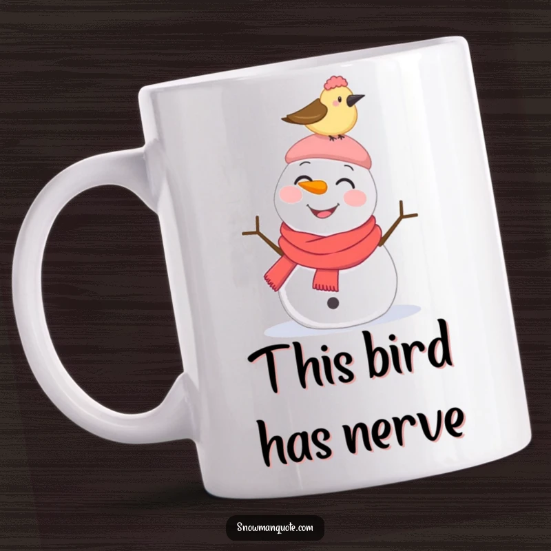 Funny Mug: A snowman with a smile looks surprised as a small bird pecks at its hat, creating a whimsical scene.