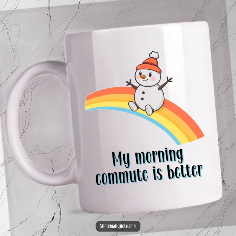 Funny snowman mug, cheerfully sliding down a vibrant rainbow on a tiny hat, spreading winter joy and laughter.