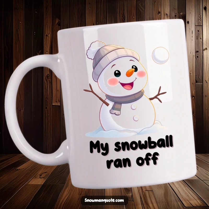 Funny snowman mug showing a cheerful snowman watching a snowball roll away, capturing a moment of humorous acceptance.