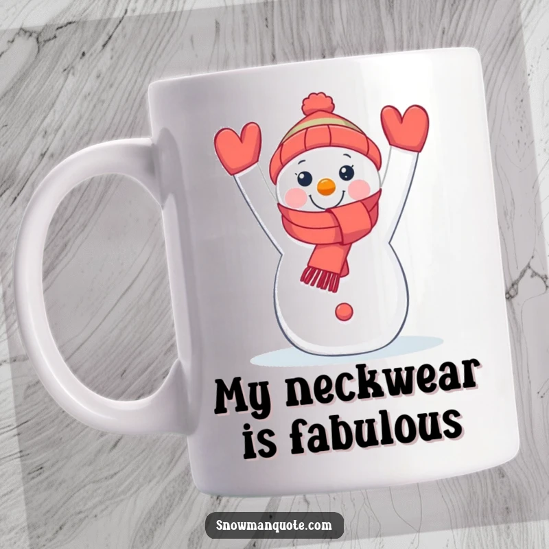 Funny snowman mug featuring a cheerful snowman holding a vibrant scarf overhead, radiating pure winter joy.
