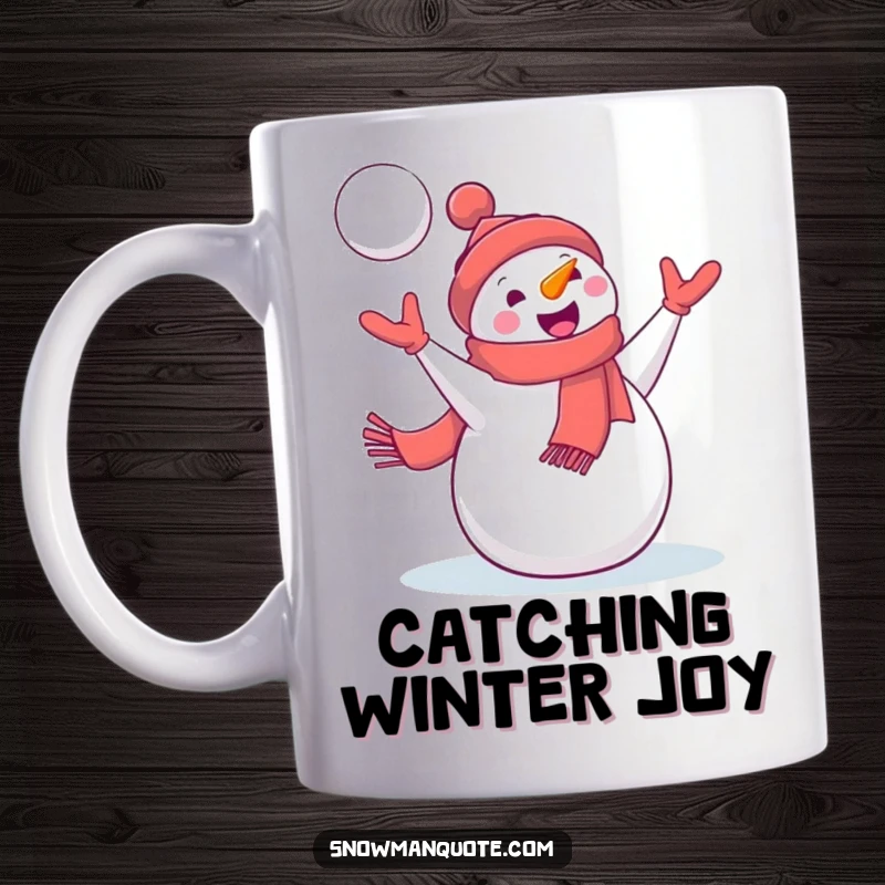 Funny Snowman Mug: A delighted snowman wearing a jaunty scarf joyfully catches a flying snowball, embodying playful winter spirit.