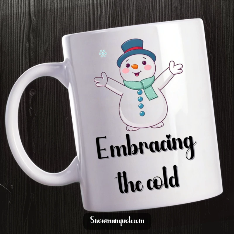 Funny, gentle snowman with outstretched arms embracing a single falling snowflake on a mug, capturing a moment of winter peace.