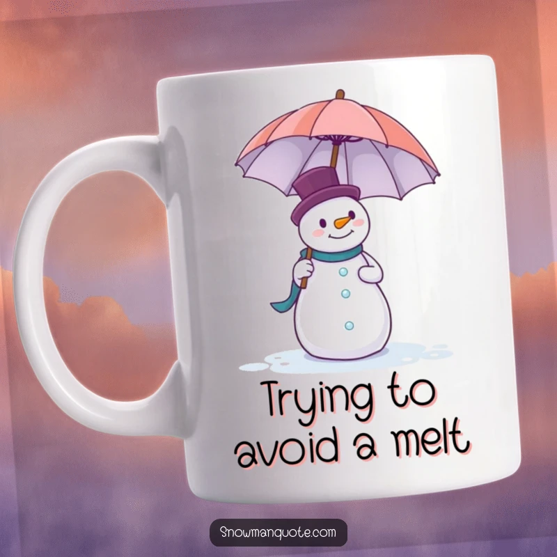 Funny mug featuring a snowman comically attempting to balance a huge, unwieldy umbrella against the wind.