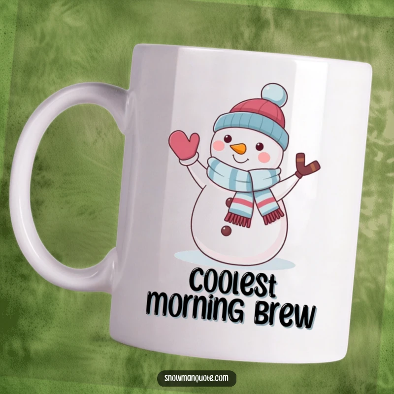 Funny snowman wearing a jaunty scarf, waving hello cheerfully on a mug, perfect for winter lovers.