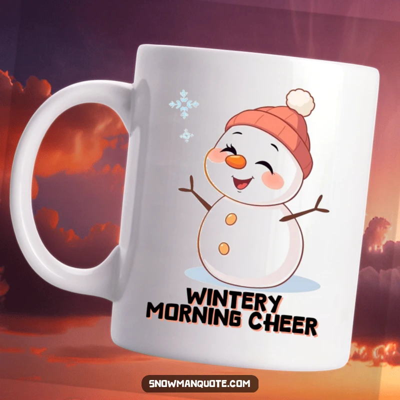 Funny Snowman Mug: A cheerful snowman with a carrot nose winks playfully at a falling snowflake, embodying winter's playful spirit.