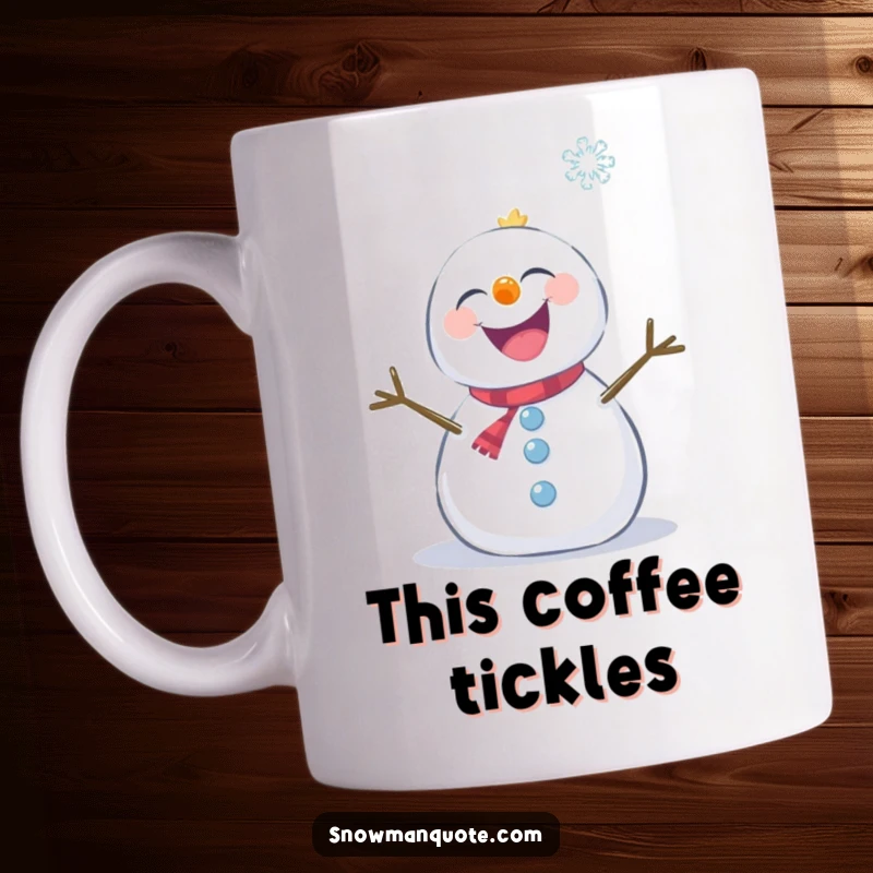Funny snowman giggling uncontrollably while being tickled by a delicate falling snowflake on a mug.