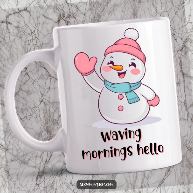 Funny snowman mug featuring a happy snowman enthusiastically waving with its mitten-clad hand.