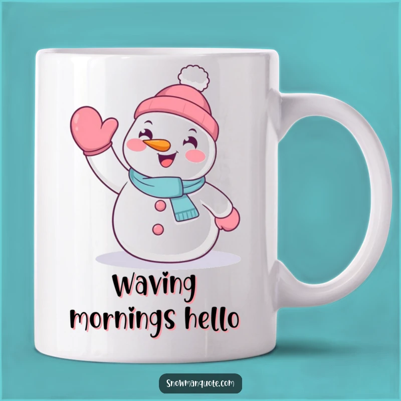 Funny Waving Snowman Mug - Enthusiastic Winter Greeting Gift