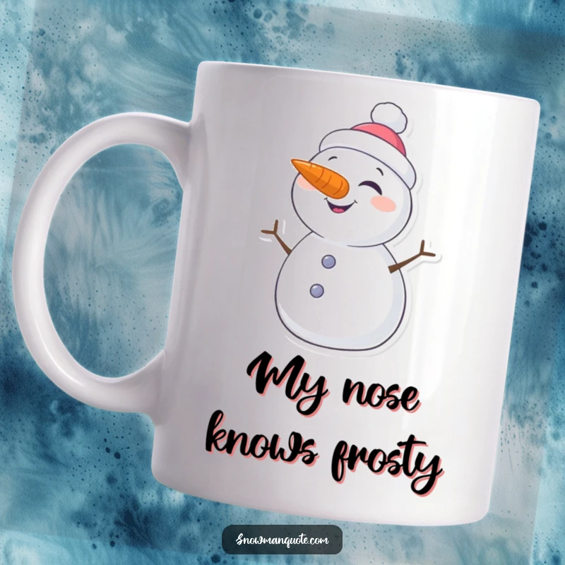 Funny mug with a cheerful snowman winking, its carrot nose prominent and twig arms relaxed, radiating playful winter vibes.