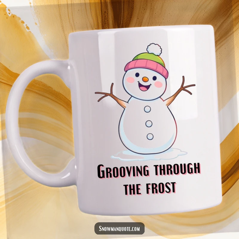 Funny mug depicting a joyful snowman enthusiastically doing a shimmy dance with its twig arms.