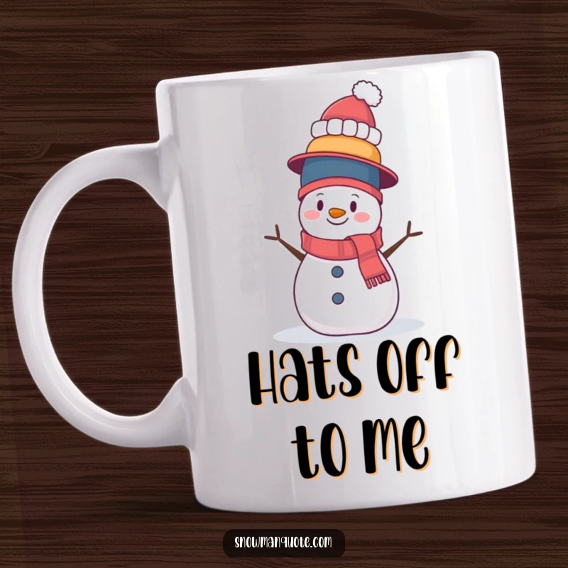 Funny mug showing a wobbly snowman precariously balancing a very tall stack of hats. Captures the struggle and humor of being overwhelmed.