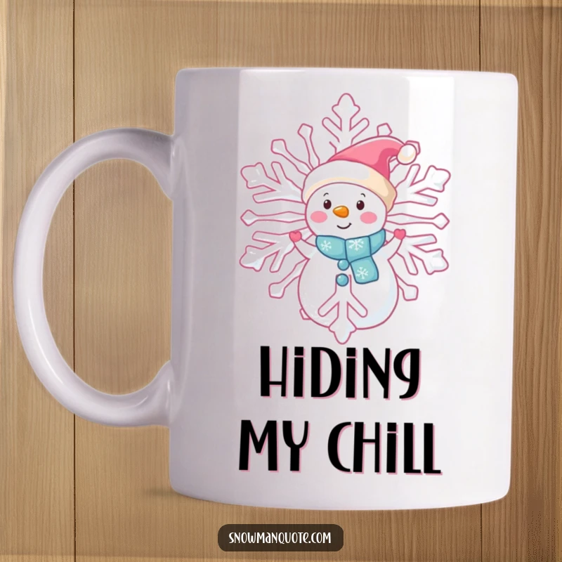 Funny snowman mug, peeking shyly from behind a giant snowflake, creating a sense of winter mystery, great gift.