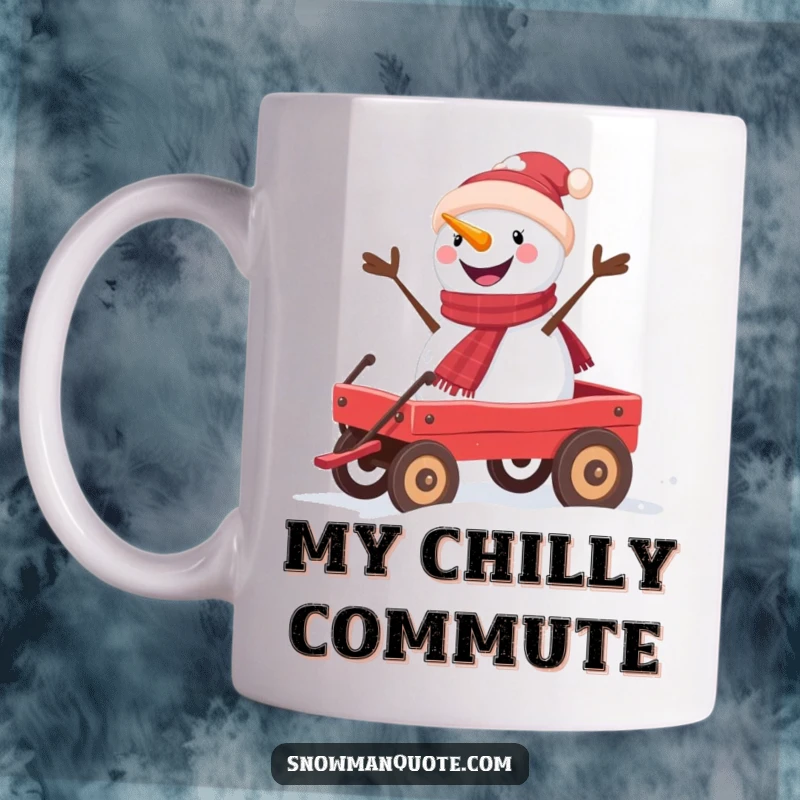 Funny snowman mug featuring a cheerful snowman joyfully riding in a red wagon, bringing winter fun and laughter.