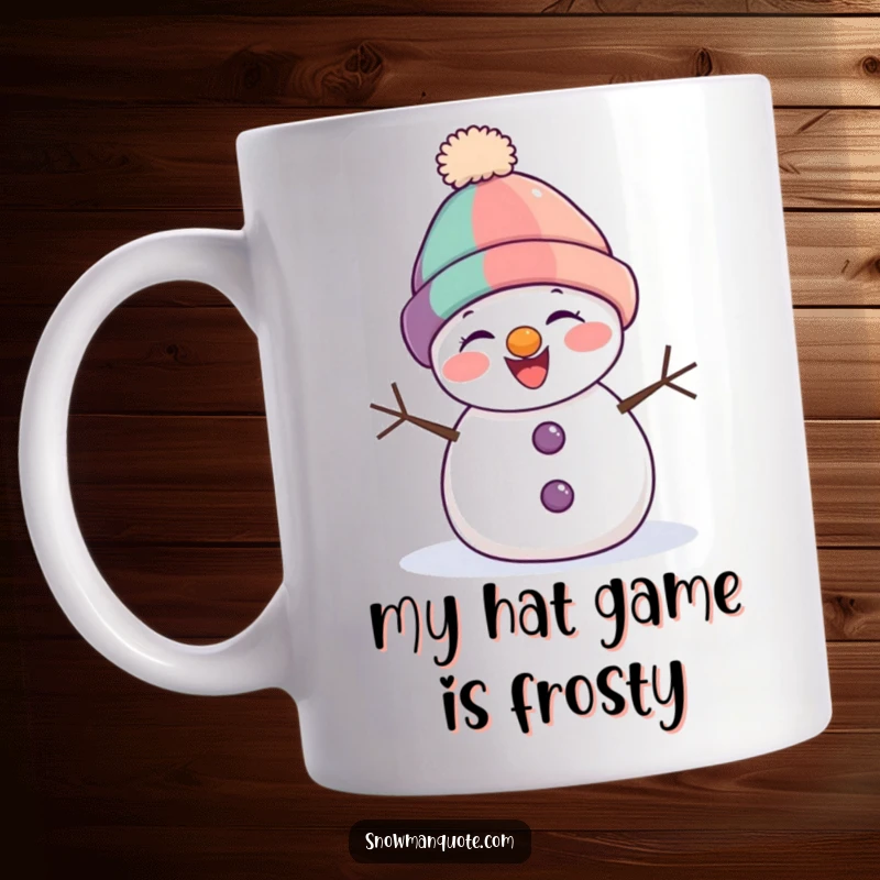 Funny snowman mug featuring a joyful snowman with a silly lopsided hat, caught mid-giggle, spreading winter cheer.