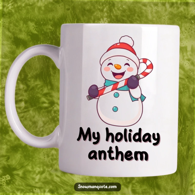 Funny snowman mug featuring a happy snowman holding a candy cane like a microphone, ready to sing.