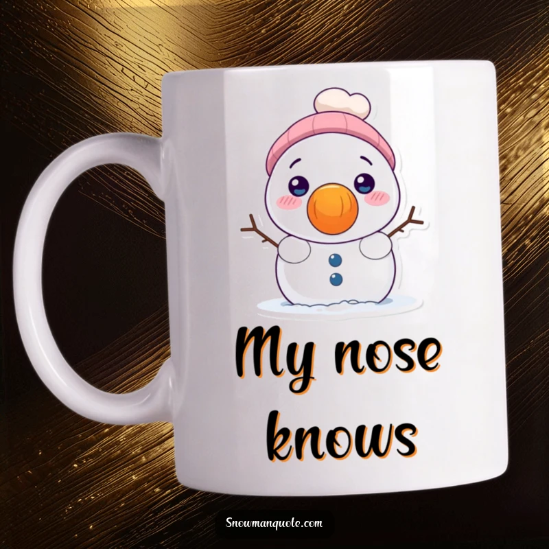 Funny mug featuring a shy snowman peeking its eyes and smile from behind an oversized, bright orange carrot nose.