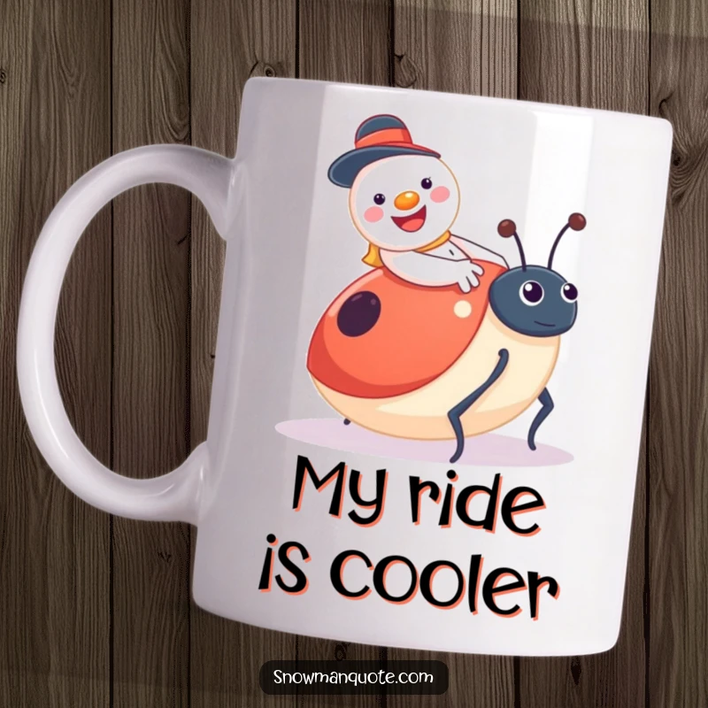 Funny snowman mug, jolly with a button smile, riding a giant surprised ladybug, capturing a moment of delightful absurdity.
