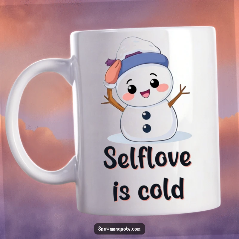 Funny Mug: A smiling snowman attempting to pat its own snowy head with a twig arm. Adorable and humorous winter art.