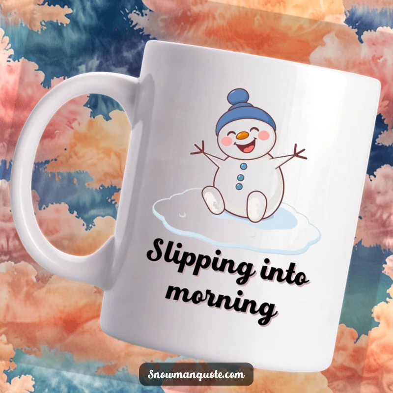 Funny mug featuring a snowman comically slipping on ice with a wide, slightly panicked smile.