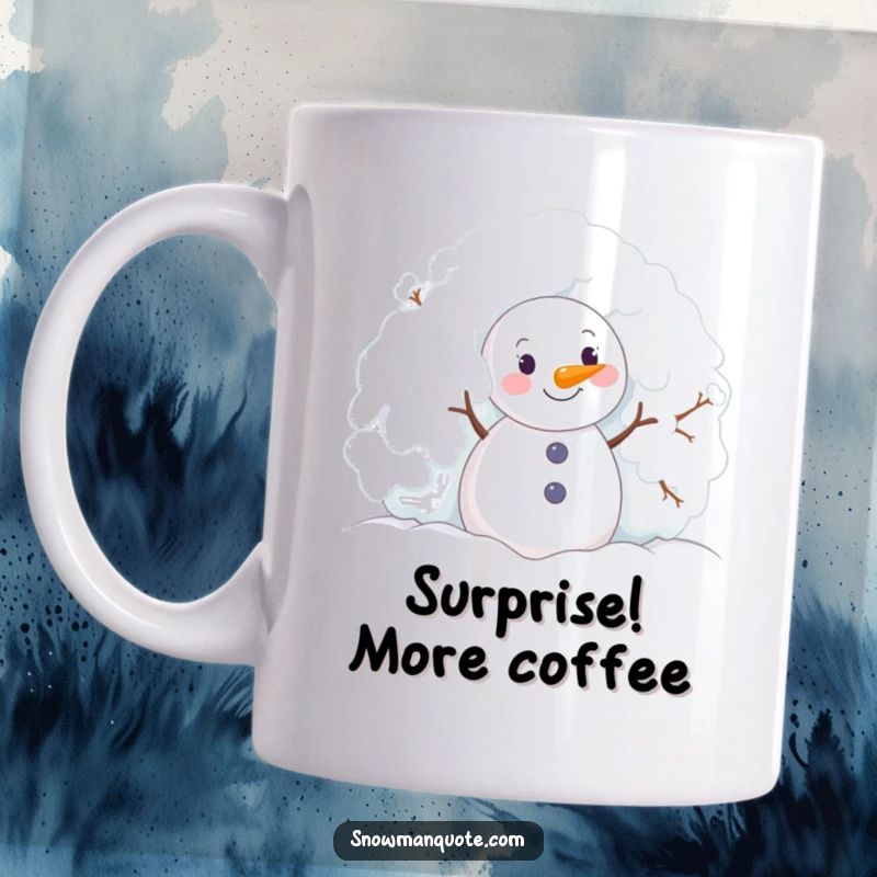 Funny snowman joyfully peeking from behind a snow-covered bush on a mug, embodying playful winter fun.