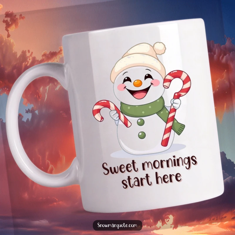 Funny mug with a wide-grinning snowman joyfully offering a red and white striped candy cane.