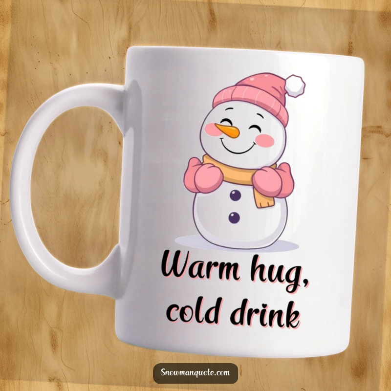Funny smiling snowman offering a big warm hug with gloved arms, depicted on a cheerful and comforting mug.
