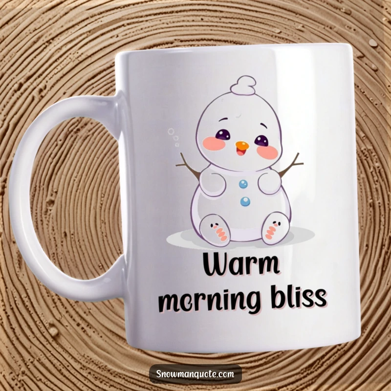 Funny melting snowman mug, sighing happily as it melts slightly, conveying a sense of peaceful acceptance and winter charm, a perfect gift.