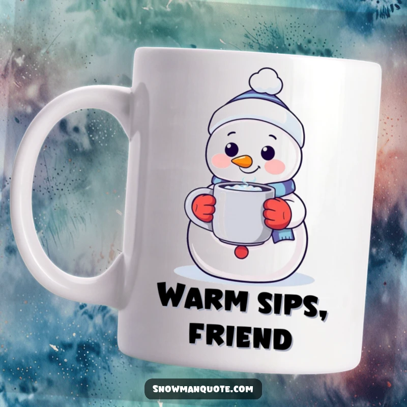 Funny mug depicting a friendly snowman with a warm smile, extending a steaming mug, offering comfort on a cold day.