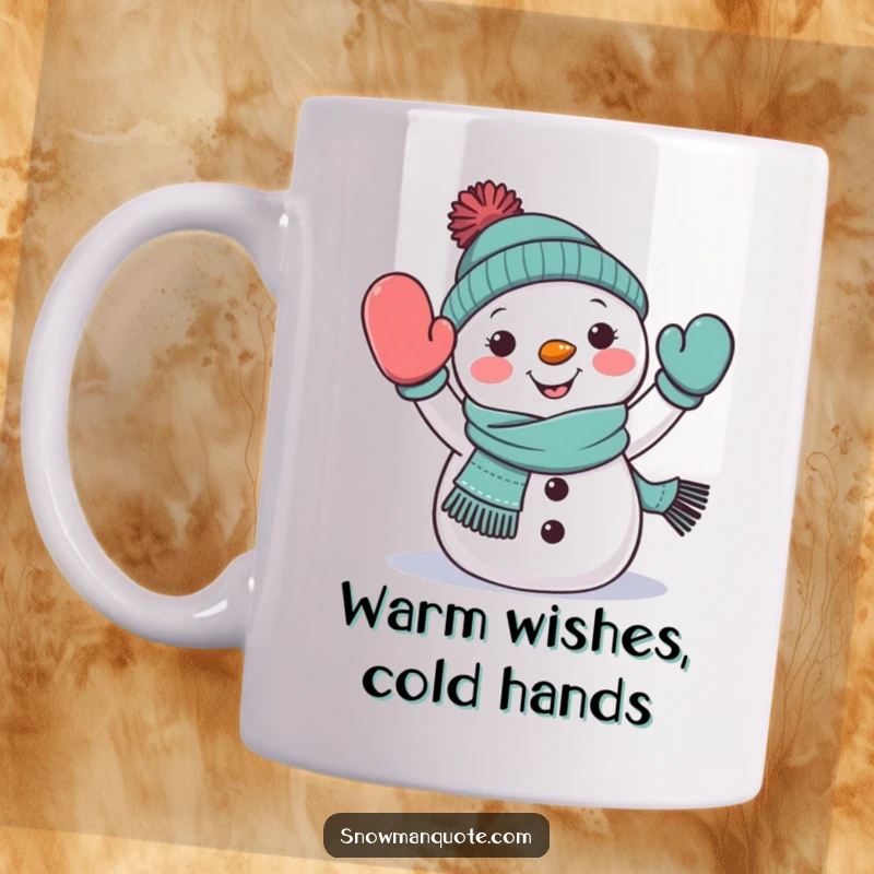 Funny snowman mug, wearing a scarf, cheerfully waving a mitten, sending winter greetings, great for a funny gift.