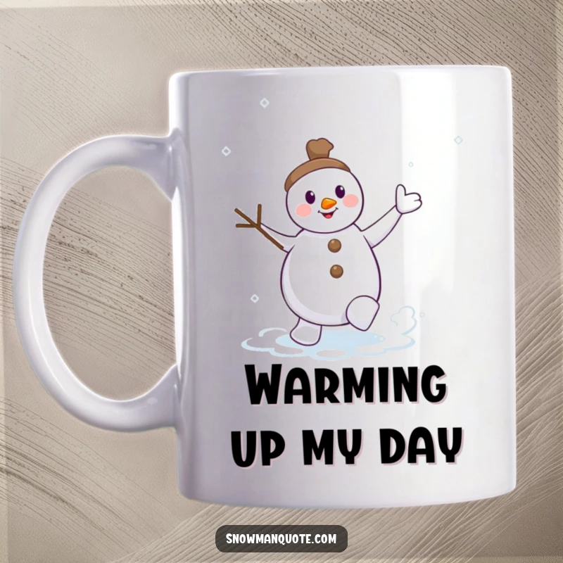 Funny dancing snowman mug with twig arms waving, kicking up a swirl of snow, full of joyful winter energy.