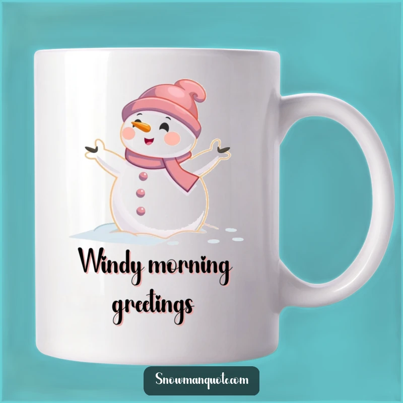 Funny Snowman Wind Mug: Arms Aflutter for Hilarious Winter Bluster Gift