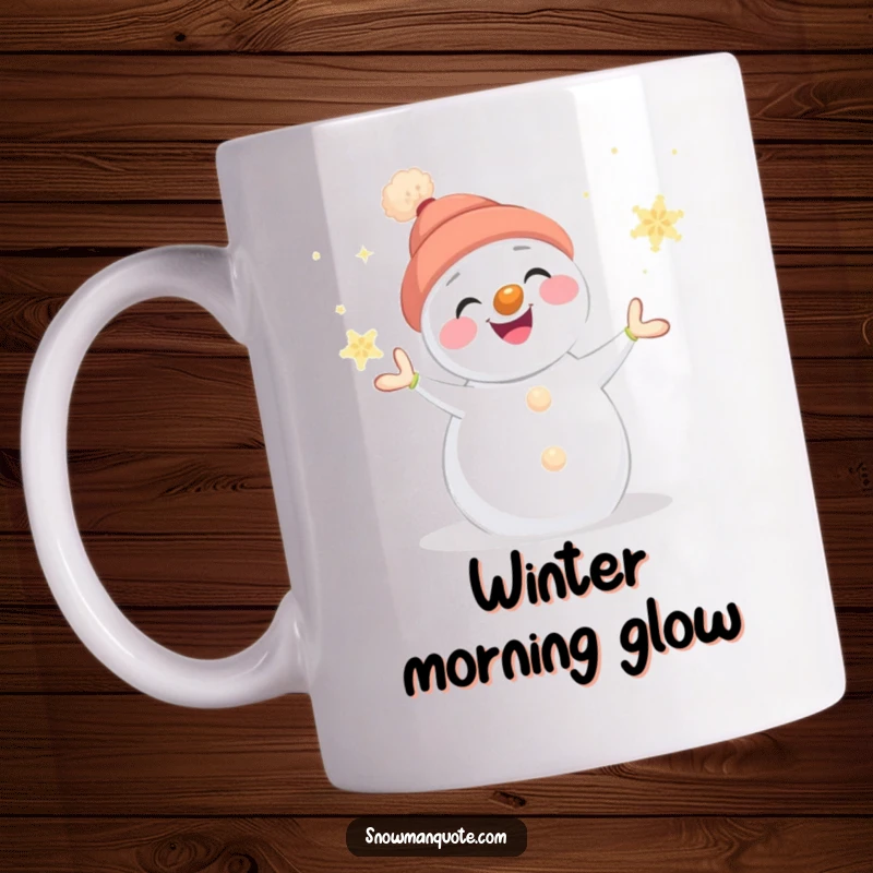 Funny snowman mug showing a smiling snowman expertly juggling glowing snowflakes, its carrot nose adding a touch of charm.
