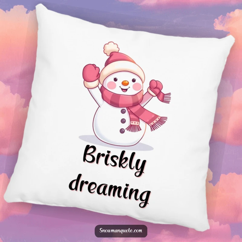 Funny snowman banner pillow featuring a cheerful winter character waving a banner from its scarf, offering cozy comfort with a humorous holiday theme.