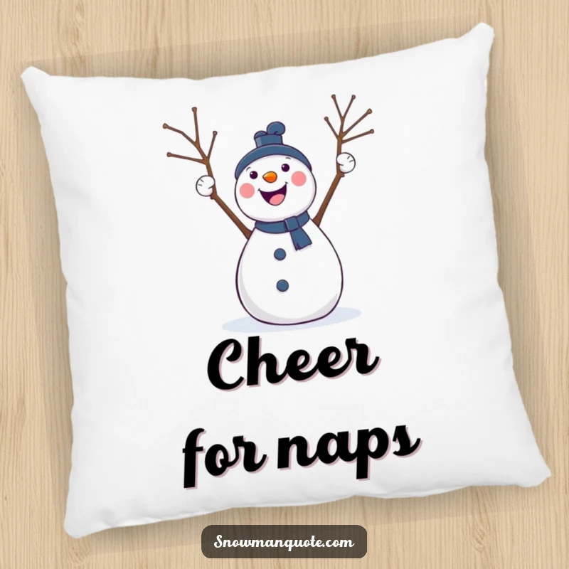 Funny pillow featuring a plush snowman with twig arms raised in celebration, perfect for adding cheerful comfort to any seating area.