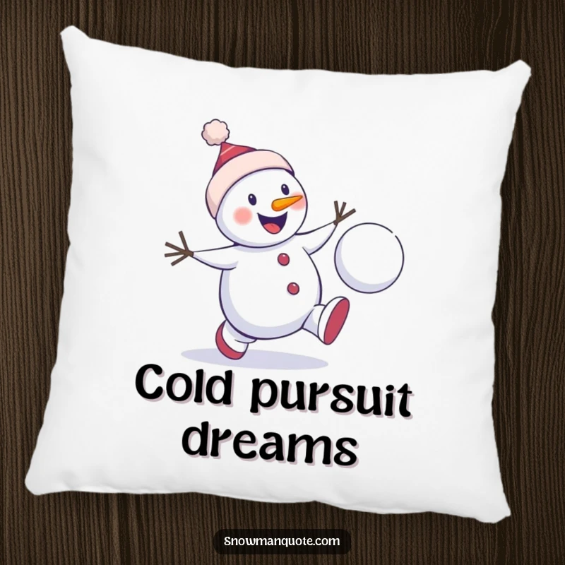Funny snowman chase pillow featuring a winter character enthusiastically chasing a bouncing snowball, offering cozy comfort with a humorous winter play theme.