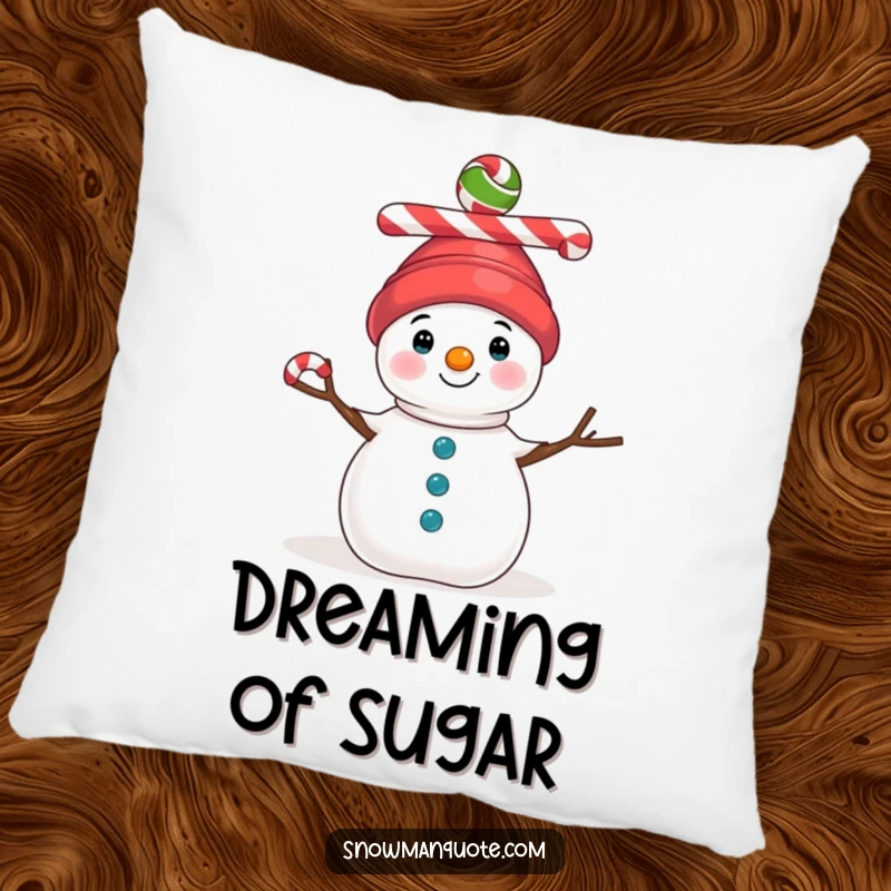 Funny pillow featuring a comfortable snowman balancing colorful candy canes on its head, adding festive charm to any cozy spot.