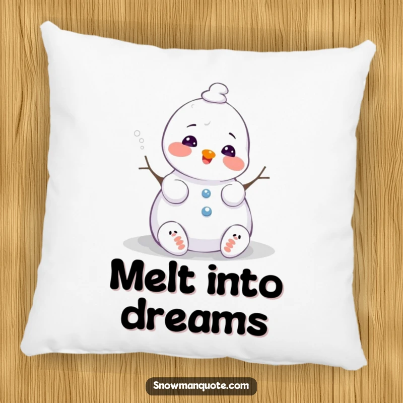 Funny snowman decorative pillow, melting slightly with a happy sigh, a soft and humorous accent for sofas and beds, a charming winter gift.