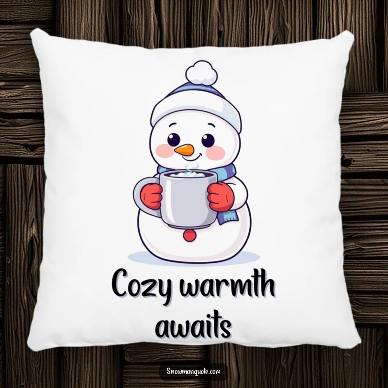 Funny pillow featuring a plush snowman with a warm smile, offering a steaming mug, perfect for adding cozy comfort to any room.