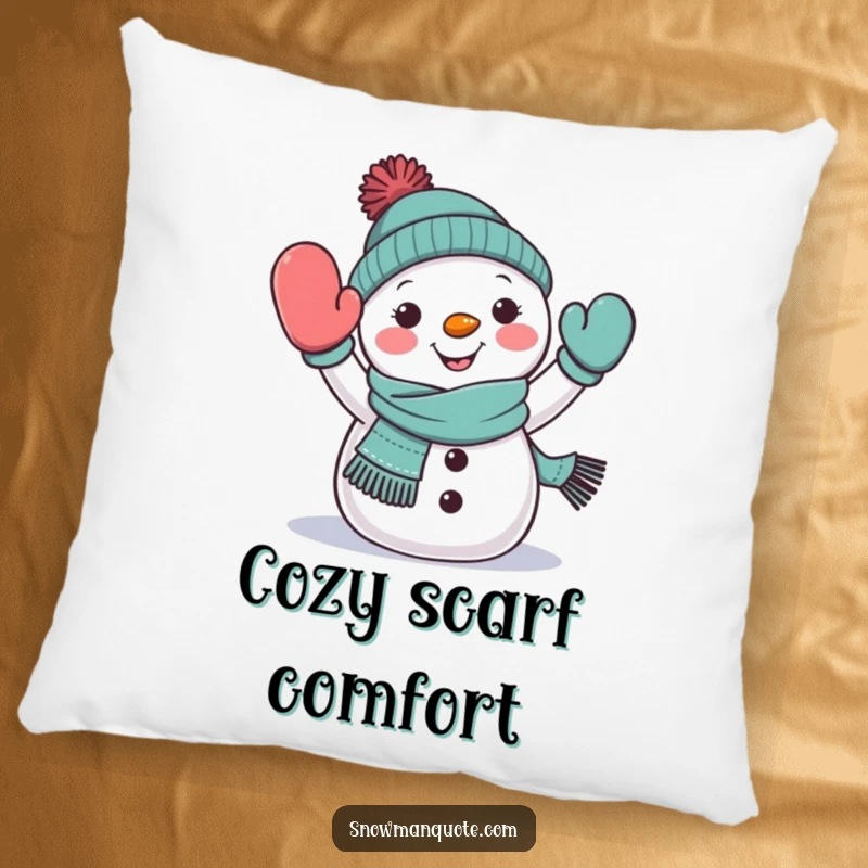 Funny snowman waving pillow, wearing a scarf, cheerfully extending a mitten, offering winter comfort and cheer, great gift.