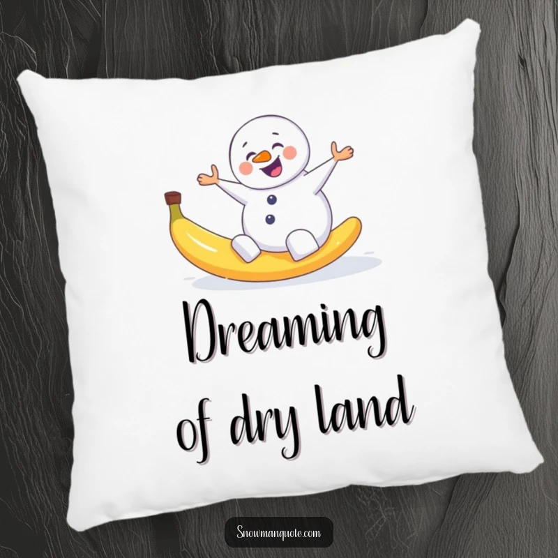 Funny decorative pillow featuring a snowman comically slipping on a banana peel, adding wintery slapstick humor.