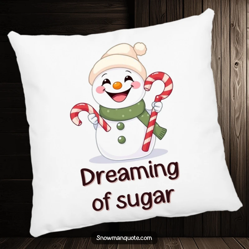 Funny pillow featuring a happy, grinning snowman extending a red and white striped candy cane.