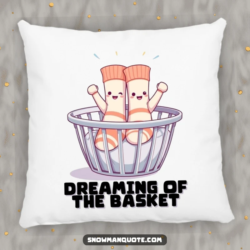 Funny sentient socks enthusiastically dancing in a laundry basket, a soft and plush pillow for playful comfort and humorous appeal.
