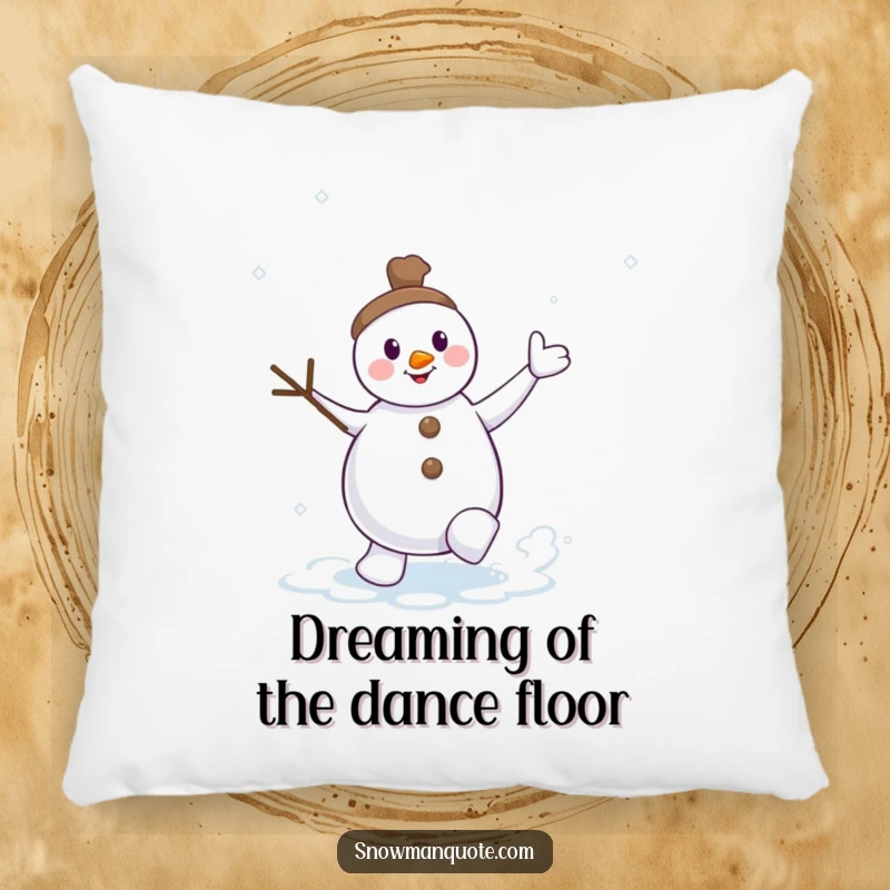 Funny dancing snowman pillow, twig arms waving, kicking up a snow swirl, offering cozy comfort with a touch of winter whimsy.
