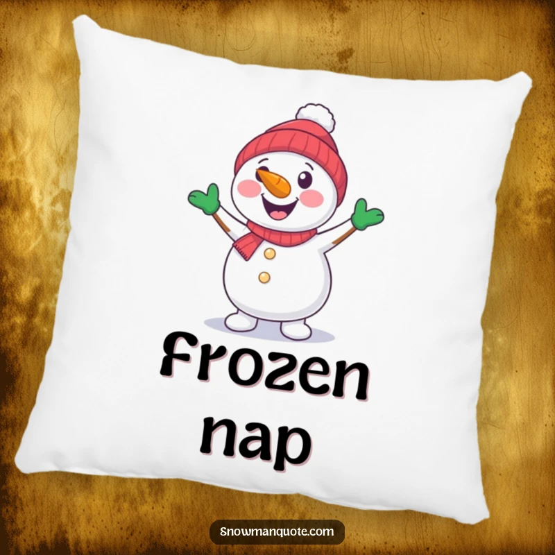 A cheerful snowman with a carrot nose dancing with its arms. A soft pillow.