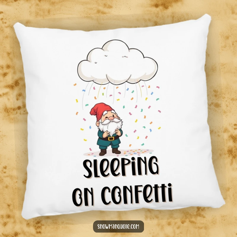 Funny playful cloud raining colorful confetti onto a bewildered garden gnome, a soft and plush pillow for whimsical comfort and humorous appeal.