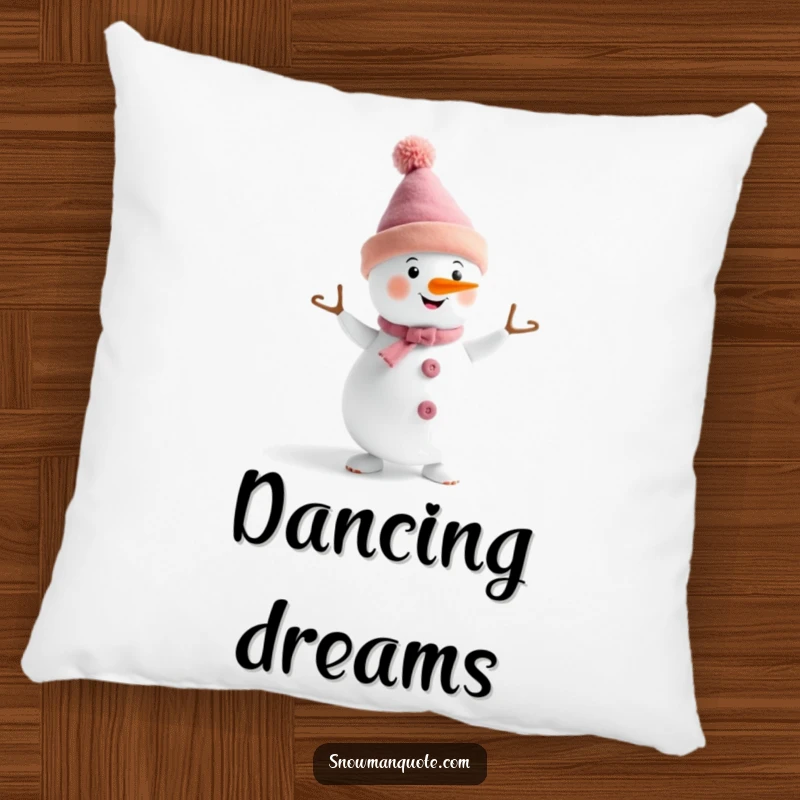 Funny, plush pillow of a snowman in a funny hat doing a little dance, bringing cozy winter cheer and charm.