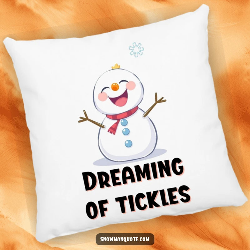 Funny snowman giggling joyfully while a snowflake tickles its cheek, depicted on a soft, decorative pillow.