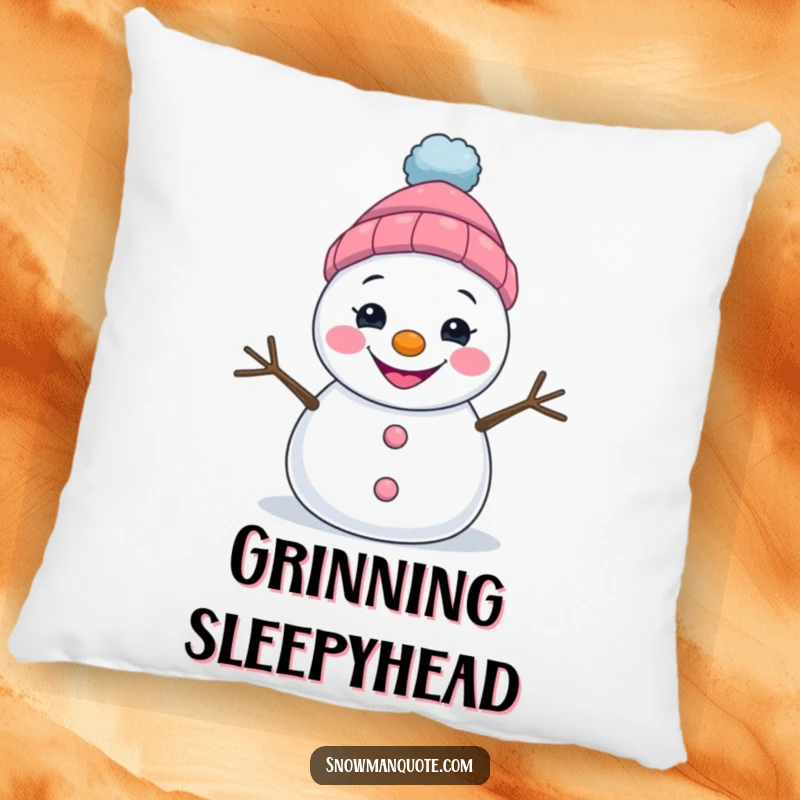 Funny decorative pillow featuring a grinning snowman with a lopsided hat, bringing cozy smiles.