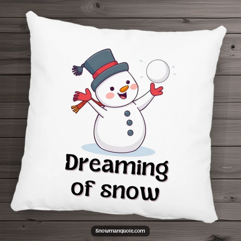 Funny, plush pillow of a jolly snowman with a wide grin, throwing a snowball, bringing winter cheer and softness.