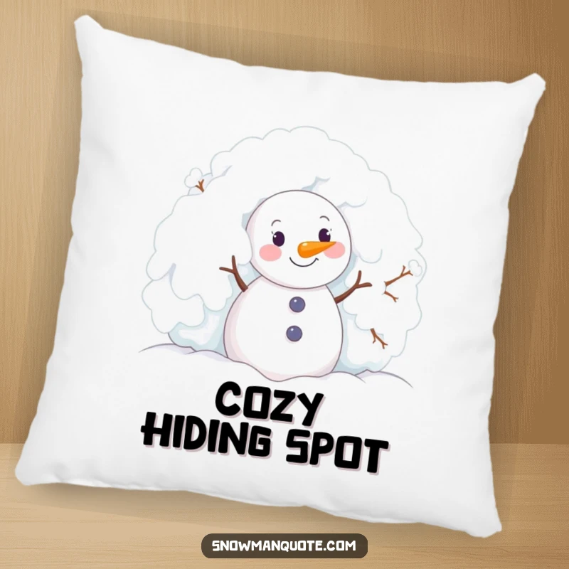 Funny snowman joyfully peeking from behind a snowy bush, depicted on a soft and decorative pillow.